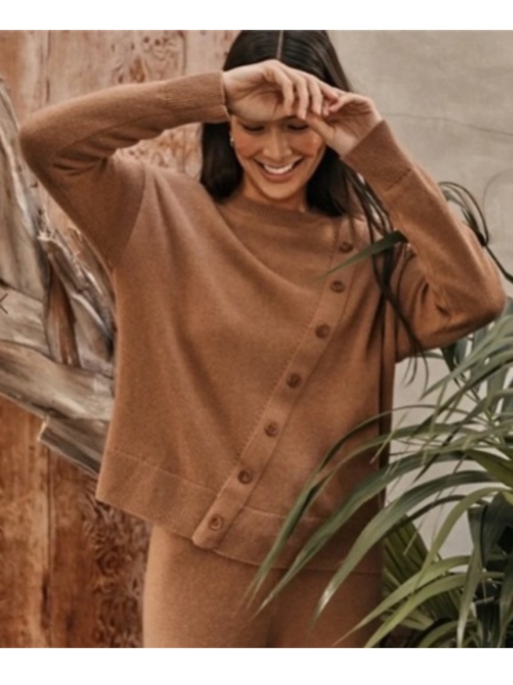 Summersalt Wool Cashmere Brown asymmetrical Button-Accent Crewneck Sweater Large